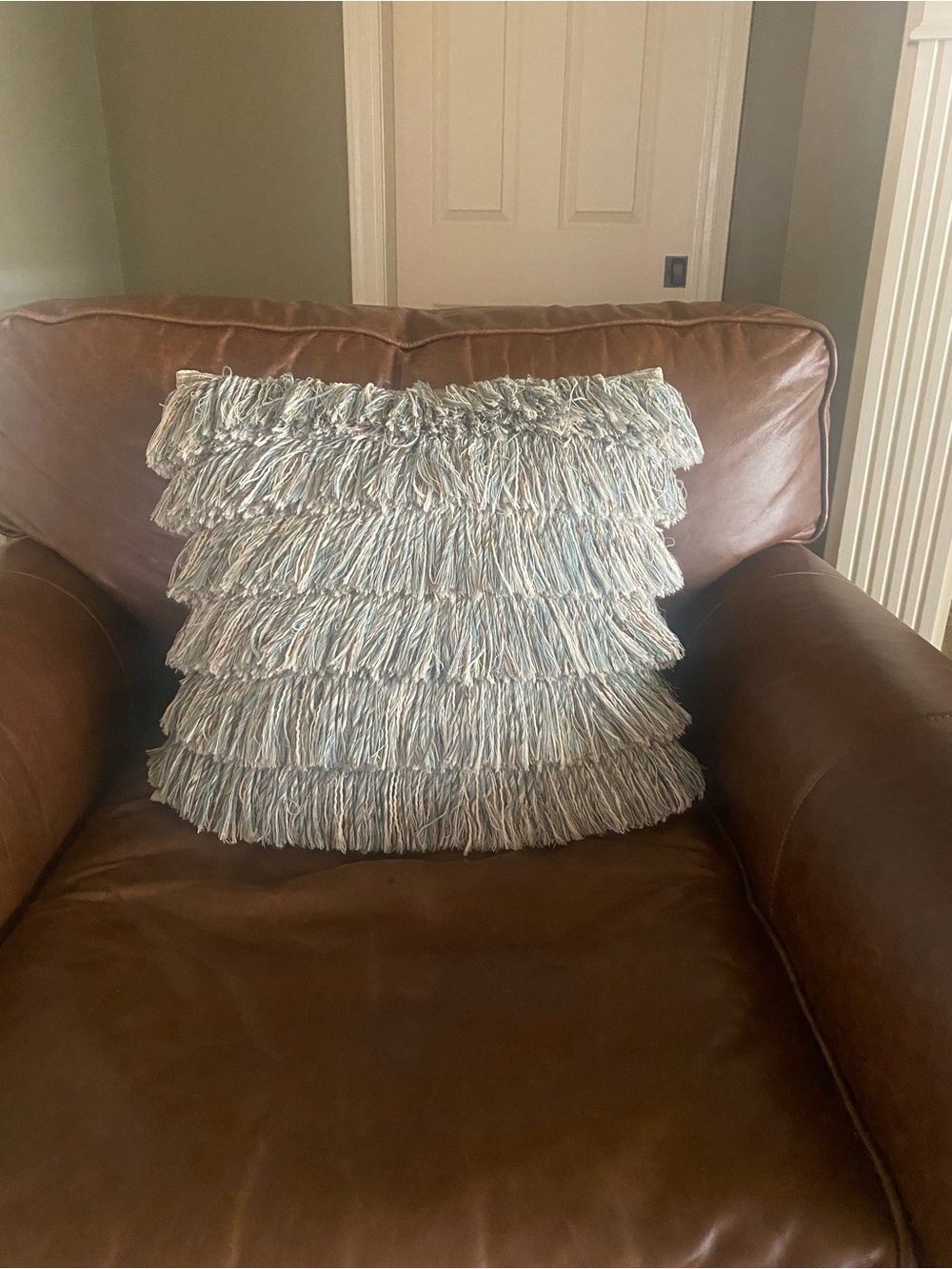 Elaine Smith Fringed Decorative Throw Pillow Cover - Light Blue and Brown